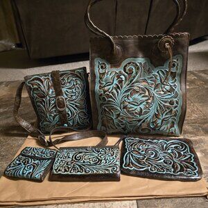 Patricia Nash Cavo Turquoise Tooled Leather 5 Piece Tote Crossbody Bag Wallets